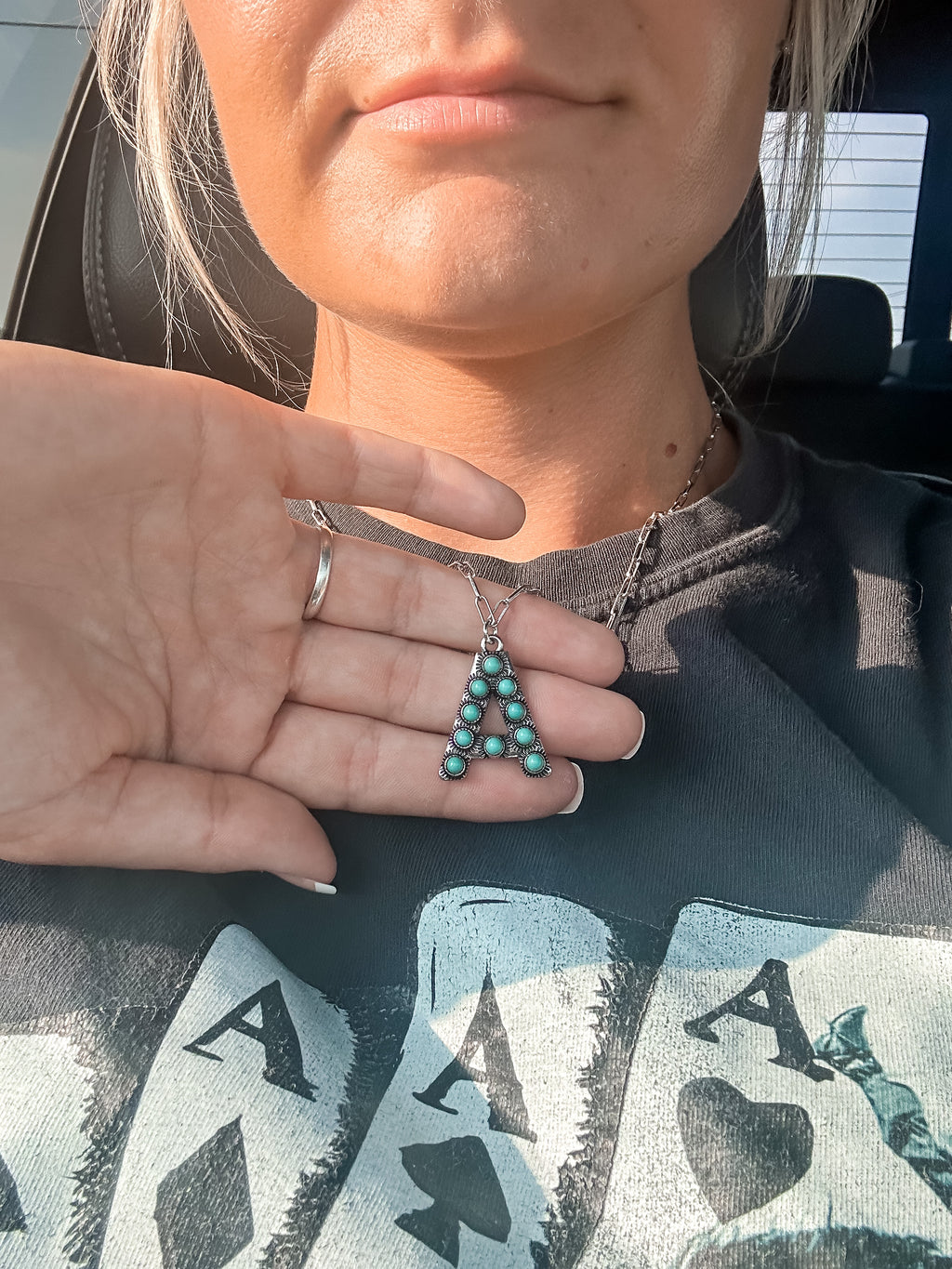 Faux turquoise stone letter chain necklace 