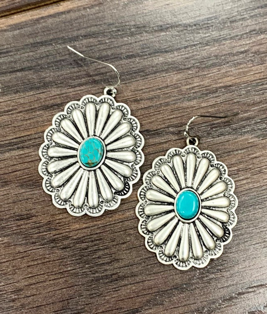 Concho style dangle earrings faux silver with turquoise in center