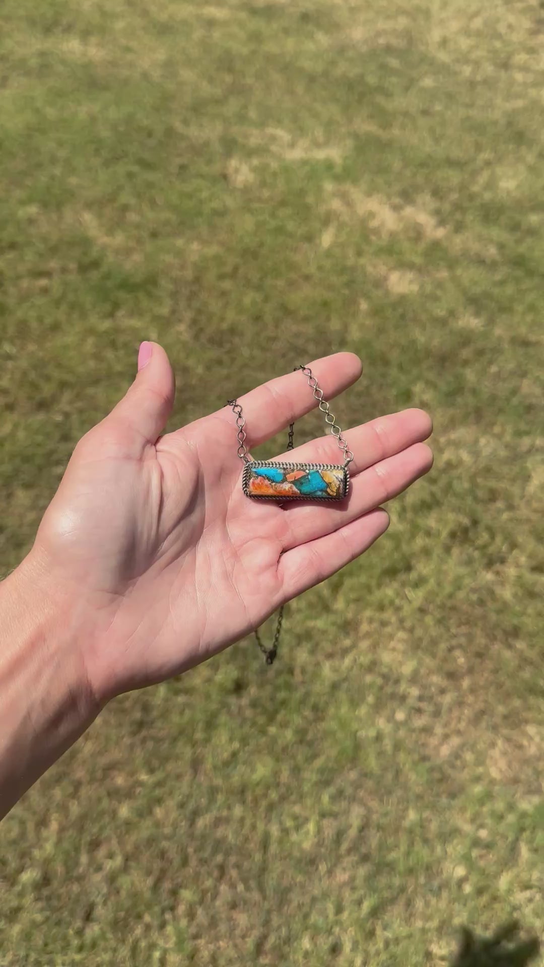 Navajo Handmade Spiny Turquoise Bar Chain Necklace