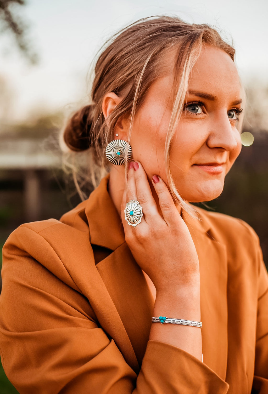 Burnished silver concho style adjustable ring with turquoise 