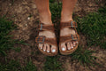 Brown tooled leather buckle sandals